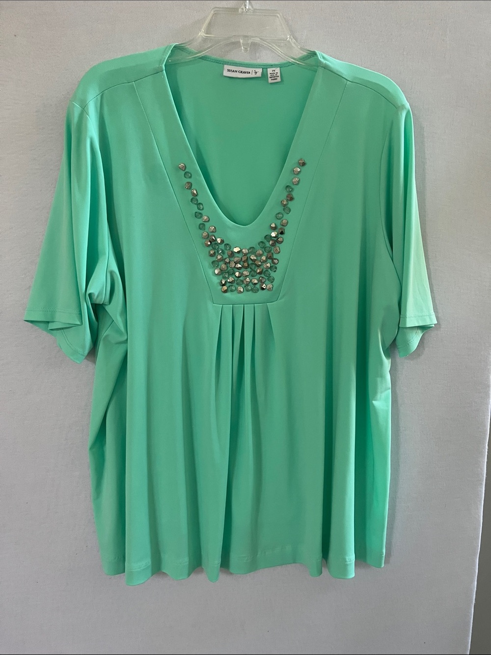 Susan Graver Liquid Knit Embellished V-Neck Tunic Top Mint Green 2X